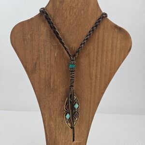 Lucky Brand Braided Pendant Necklace Fringe Boho Festival Brass Brown Turquoise